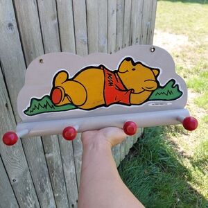 Vintage 60s Walt Disney wooden 4 peg wall hanger rack Winnie the Pooh rustic art